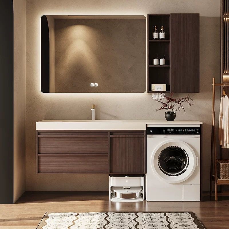Vintage-Style Balcony Washing Machine Set with Integrated Rock Slab Hot-Bent Bathroom Cabinet and Corian Washbasin