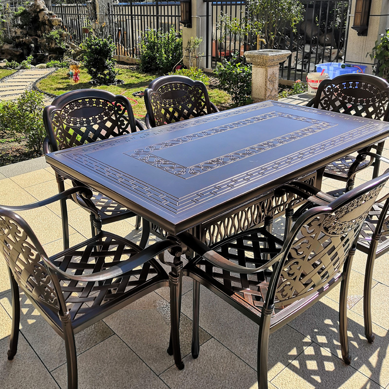Outdoor Tables and Chairs Courtyard Outdoor Garden Villa Open-Air Balcony Leisure Cast Aluminum Round Tea Table Aluminum Alloy Long Table Combination