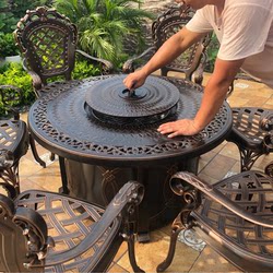 Outdoor Tables and Chairs for Courtyard, Open-Air Garden Leisure, Cast Aluminum Wood Charcoal Electric Hot Pot Barbecue Grill, Villa Dining Round Table for Home Use