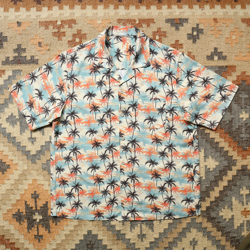 Hawaiian Resort Style Coconut Tree Print Short-Sleeved Shirt for Men, Summer Cuban Collar Cool Thai Seaside Floral Shirt