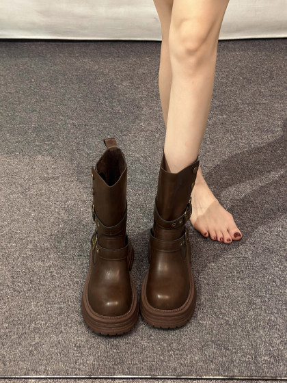 英伦风马丁靴女款2025新款春秋单靴复古女鞋中筒靴子厚底黑色短靴