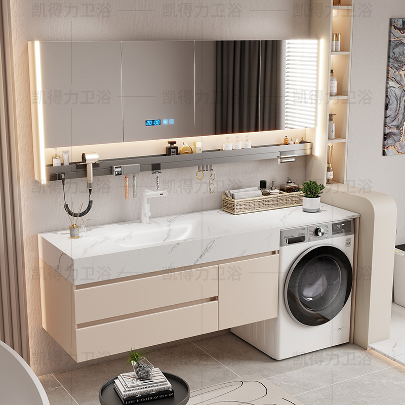 Bathroom Cabinet Set with Integrated Rock Slab Hot-Bent Basin, Smart Mirror, Laundry Cabinet, Washbasin, Sink, Bathroom