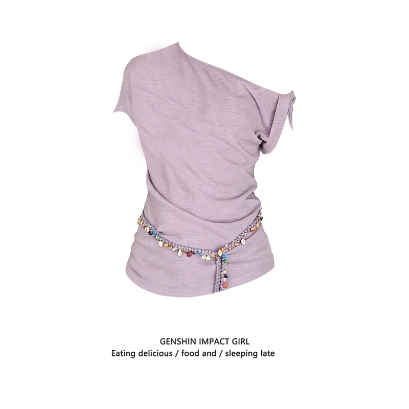 Purple High-End Off-Shoulder Short-Sleeve T-Shirt for Women, New Summer Dopamine Style, Waist-Cinching, Slimming, with Waist Tie Top