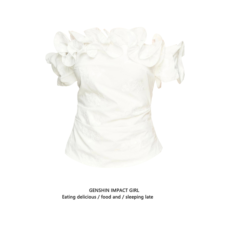 White Casual Ruffled Off-Shoulder Short-Sleeve T-Shirt for Women, New Summer Style, Palace-Style, Elegant, Slimming, Short Top
