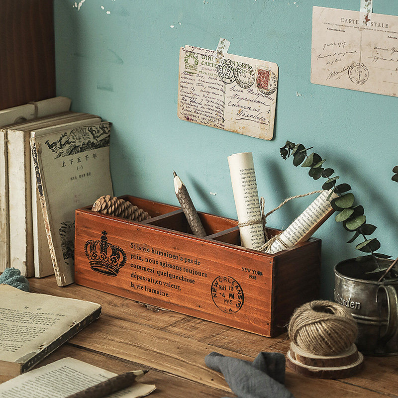 Office desktop storage box cosmetic brush bucket stationery desk students small wooden box desk pen holder retro