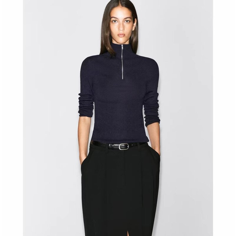 Cs Women's Clothing 2026 Autumn New Slim Fit Simple Merino Wool Zipper Top 1355874002