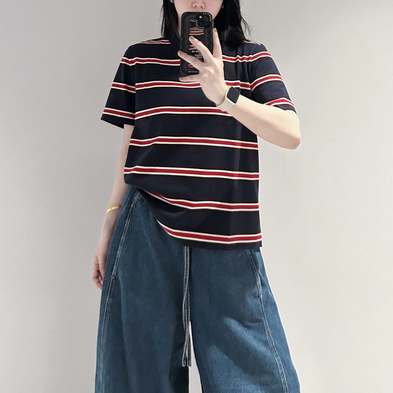 Cs Women's Clothing Standard Fit Straight Round Neck Pure Cotton Short Sleeve Striped T-Shirt 2026 Autumn New Arrival 1325526022
