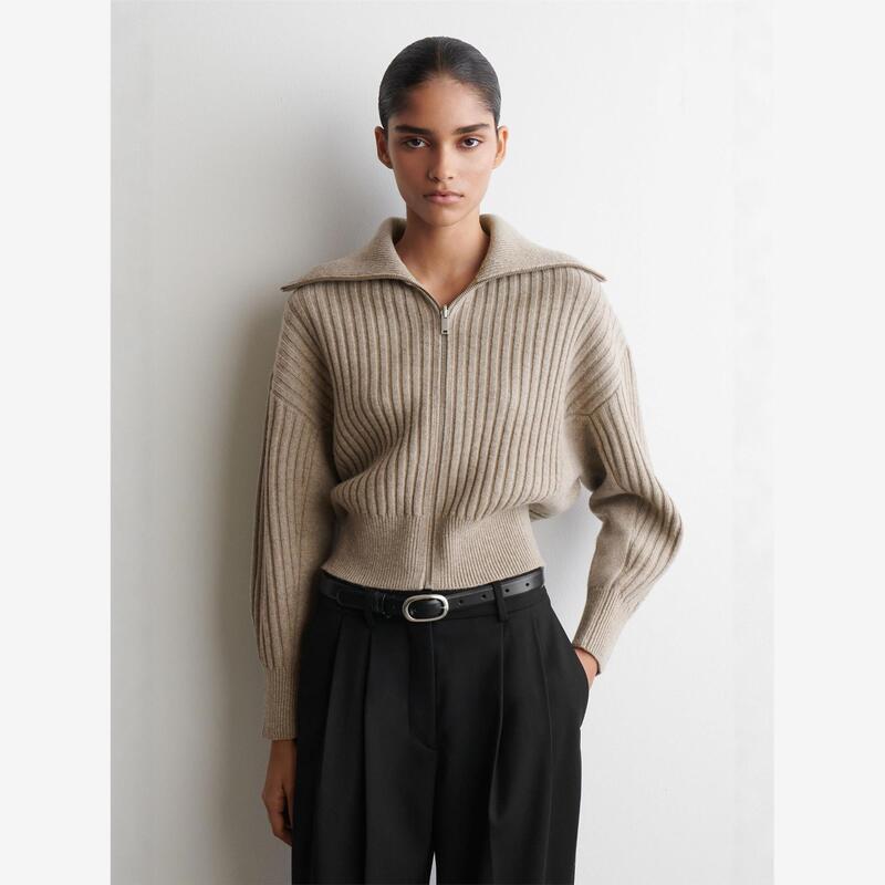 Cs Women's Clothing Standard Fit Ribbed Knit Jacket Beige 2025 Autumn New Arrival 1319204003