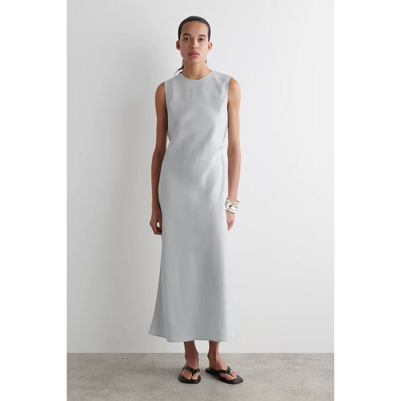 Cs Style Standard Fit Bias-Cut Mid-Length Dress in Steel Blue, 2025 Summer New Product 1271954003