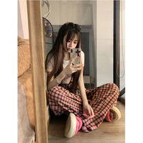 Plaid casual pants womens 2022 summer new design sense niche loose and thin wide-leg pants small mopping pants