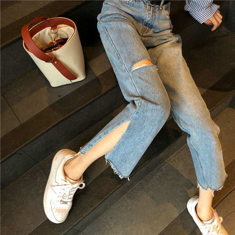 Autumn 2023 new Korean style slit straight leg ripped beggar cropped pants high waist thin all-match jeans women's fashion