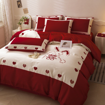 Cute rabbit marriage sheets are set in a single piece of red girl heart high-end wedding room four pieces of new wedding cover