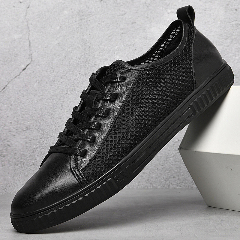 Summer breathable shoes men black leather hollow anti-odor net shoes men's hundred casual shoes youth mesh shoes