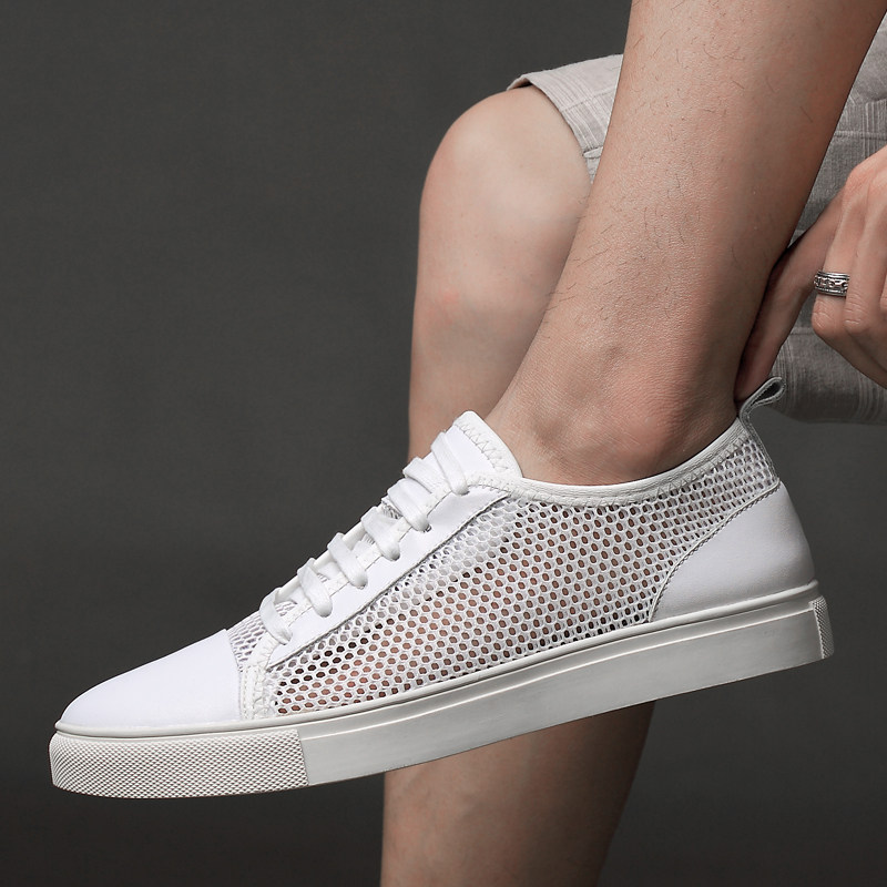 Summer breathable mesh shoes men's leather mesh deodorant sports casual shoes 45 large size hollow black and white sneakers men 46