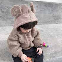 Seven childrens warehouse boys plus velvet coat childrens hooded coat baby thick coat girls autumn and winter Korean version New