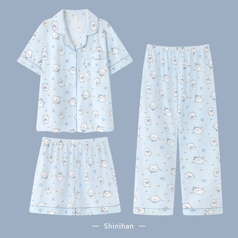 Self-Deprecating Bear Cartoon Cute Couple Pajamas for Women 2026 New Spring and Summer Men's Short-Sleeved Long Pants Three-Piece Set