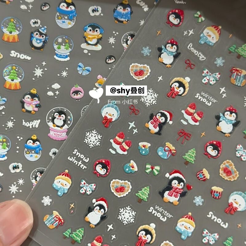 Cute New Winter Penguin Crystal Ball Nail Art Snowman Stickers Embossed Snowflakes Christmas Tree Nail Adhesive Decoration