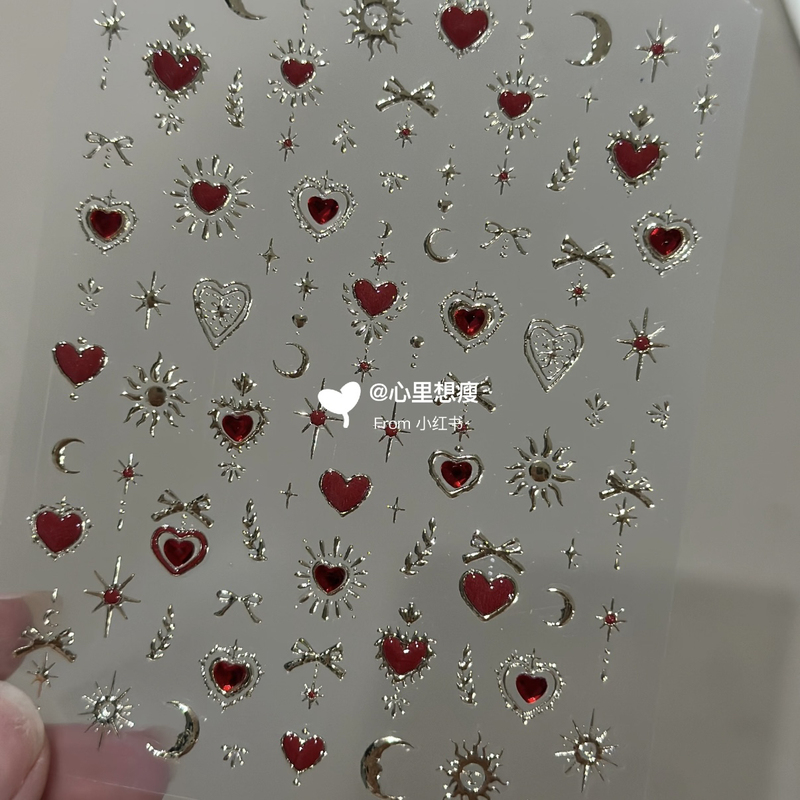 Popular Hot Stamping Crystal Diamond Star and Moon Totem Nail Stickers, High-End Bohemian Style Retro Heart Starburst Nail Stickers
