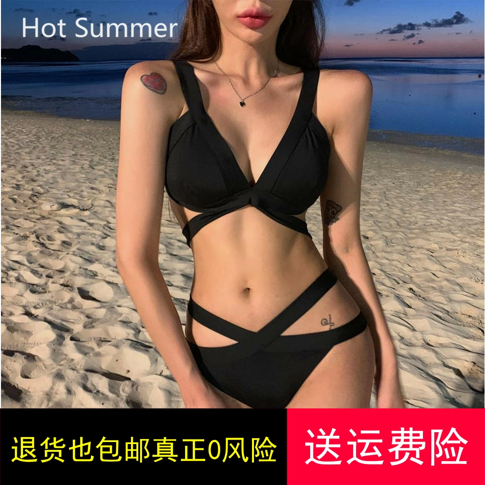 Hs nghỉ bikini sexy ngực nhỏ gom dây áo tắm ba điểm màu đen suối nước nóng xẻ tà nữ nội y hàn quốc - Bikinis