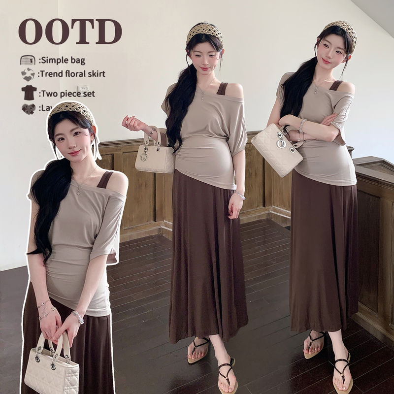 Maternity Wear Summer Suit, Stylish Pregnancy Outfit, Elegant Casual Pleated Slimming Loose Dress, Irregular Suit Maternity Wear Summer Suit, Stylish Pregnancy Outfit, Elegant Casual Pleated Slimming Loose Dress, Irregular Suit