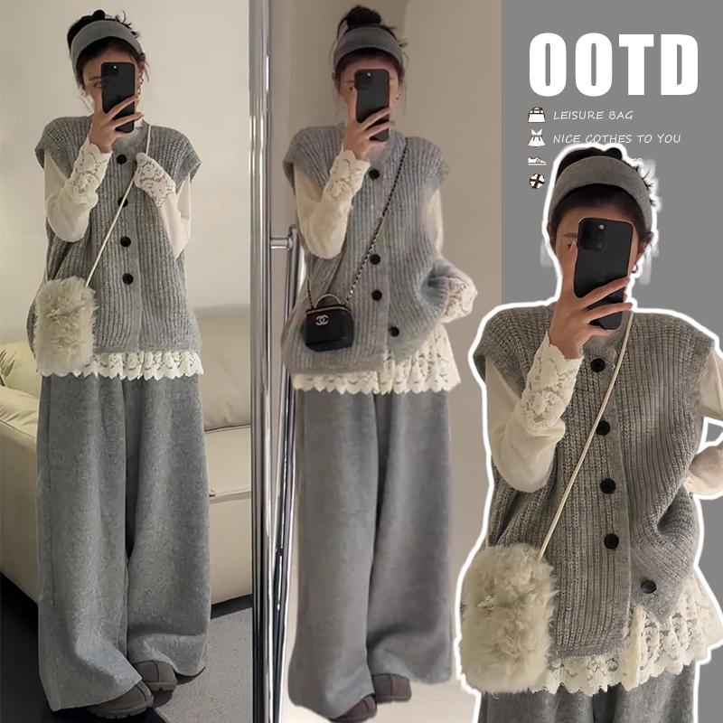 Maternity Wear Autumn Outfit 2026 New Style Lazy Layered Round Neck Sleeveless Vest Top Wide-Leg Pants Three-Piece Set