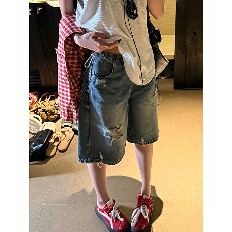 Maternity Ripped American Street Style Fashionable Washed Denim Shorts for Women, Summer Thin Design Wide-Leg Mid-Length Pants Maternity Ripped American Street Style Fashionable Washed Denim Shorts for Women, Summer Thin Design Wide-Leg Mid-Length Pants