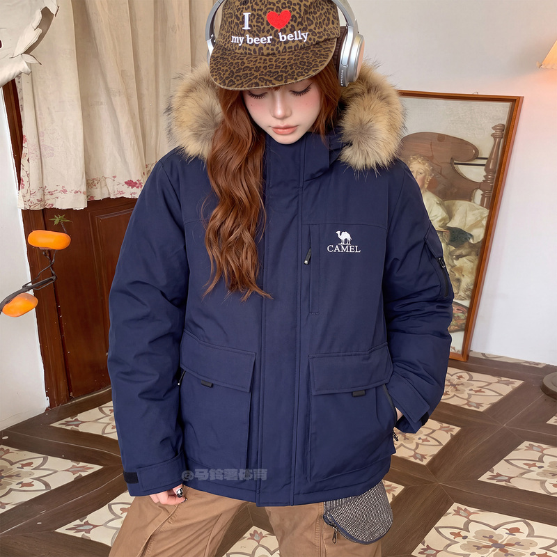 Camel Camel Volcano Parka down Jacket Winter Outdoor Fleece-Lined Mid-Length Warm Hooded Coat