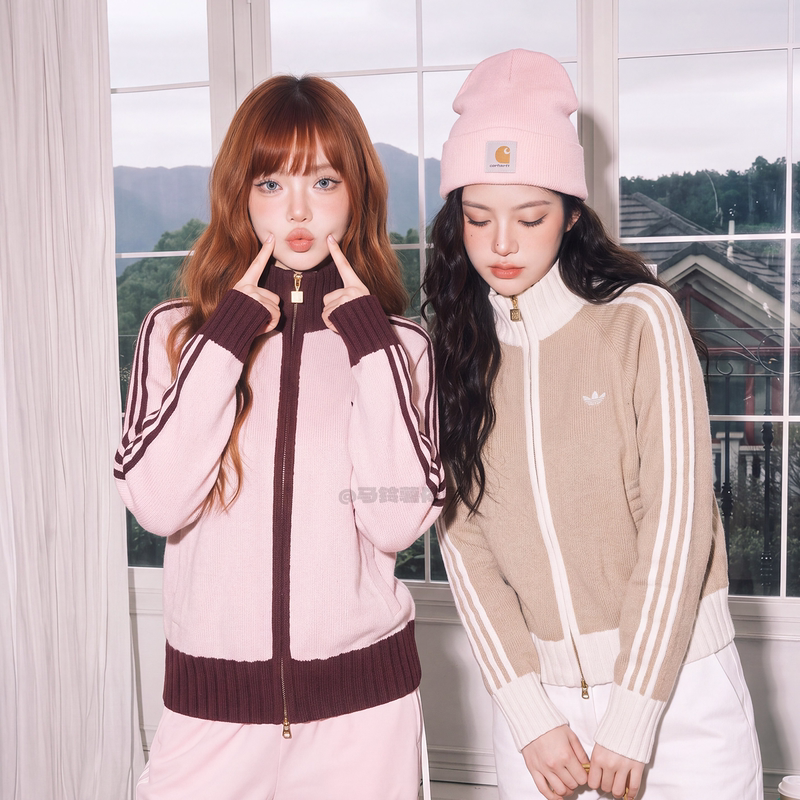 Adidas Trefoil 2026 New Model Ouyang Nana Same Style Pink Knitted Sweater Stand Collar Casual Jacket Kv8867 Adidas Trefoil 2026 New Model Ouyang Nana Same Style Pink Knitted Sweater Stand Collar Casual Jacket Kv8867