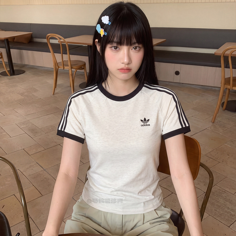Adidas Trefoil Super Stylish Sports Casual Striped Crew Neck Slim Fit T-Shirt White Short Sleeve Women's Summer New Model