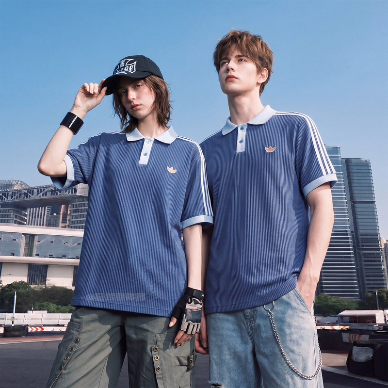 Adidas Clover Waffle Casual Short-Sleeved Polo Shirt for Men and Women Summer New Blue Kx1230 Adidas Clover Waffle Casual Short-Sleeved Polo Shirt for Men and Women Summer New Blue Kx1230