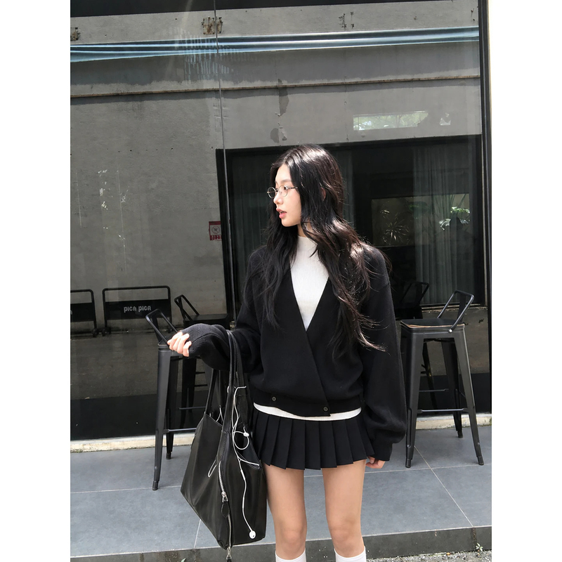 Black V-Neck Long-Sleeved Loose Sweater Knitted Cardigan for Women, Autumn and Winter Outerwear, Half Turtleneck Top, Two-Piece Set
