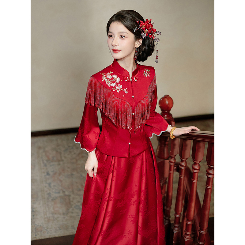 New Chinese-Style Engagement Dress, High-End Luxury Niche Red Qipao, Toast Dress, Bride's Wedding Return Dress, Long-Sleeved Gown