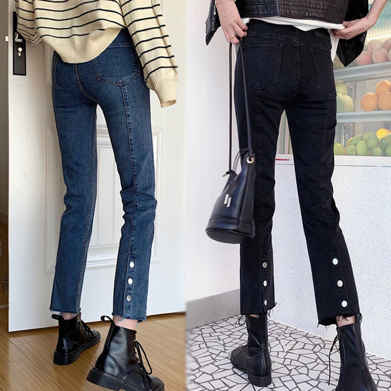 Spring Straight Jeans Women 2021 New High Waist Slim Large Size Cigarette Pants Split Design Black Pants