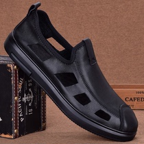 Summer Hollowed-out Foreign Trade Men Shoes Genuine Leather Dongle Shoes Soft Bottom Breathable Baotou Non-slip Casual Leather Shoes Men Soft Leather Sandals