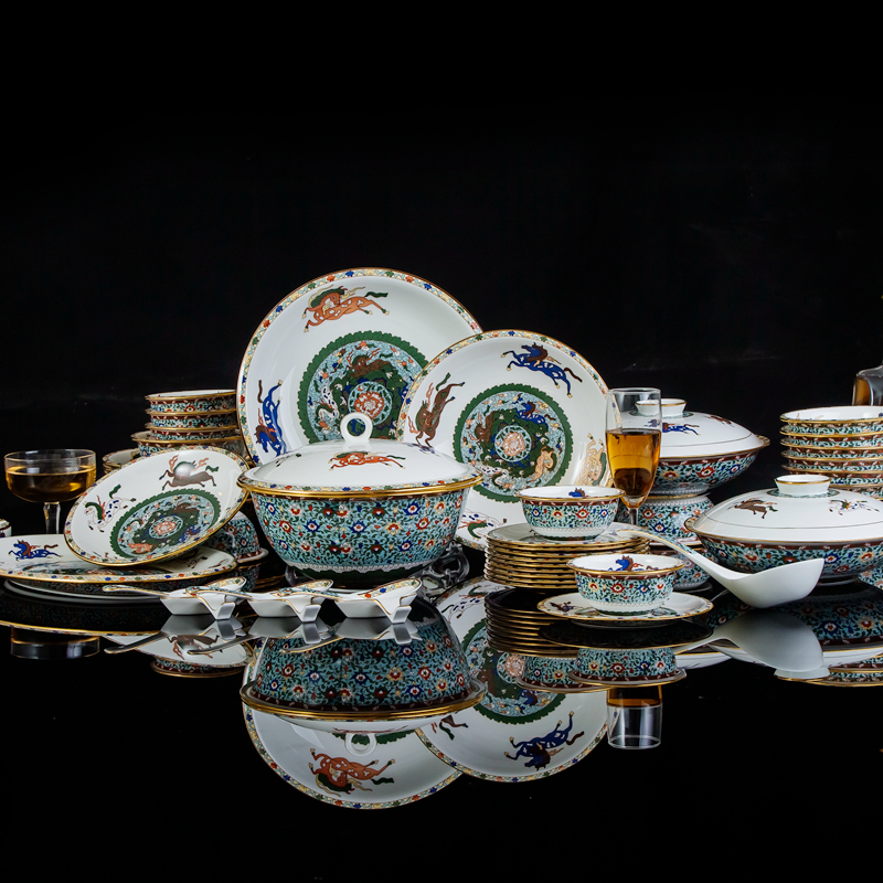 Bowl Disc Suit Engraving Relief Gold Series Ceramic Cutlery Bone China Cutlery Cutlery Set Bowl Tray Dish Spoon Suit