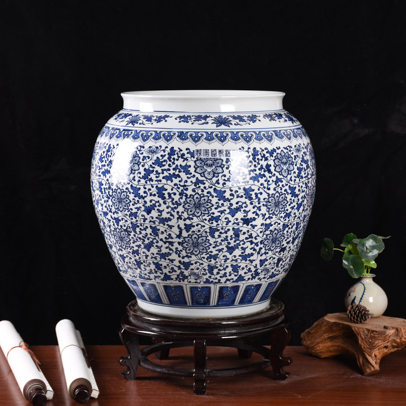 Jingdezhen ceramic blue and white porcelain large vase painting and calligraphy cylinder scroll cylinder decoration Chinese-style home floor vase decoration