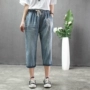 Han Suoyi Mùa hè mới 2019 size lớn của phụ nữ tách ra bảy điểm quần jeans Harlan thêu tám điểm quần mỏng - Quần jean thoi trang nu