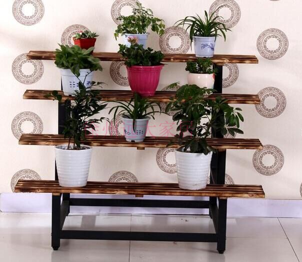 Hoa khung sắt rèn nhiều lớp gỗ rắn hoa đứng ngoài trời ban công sàn bước hoa mọng nước đứng xanh rờn tròn chậu chậu - Kệ tủ sách treo tường