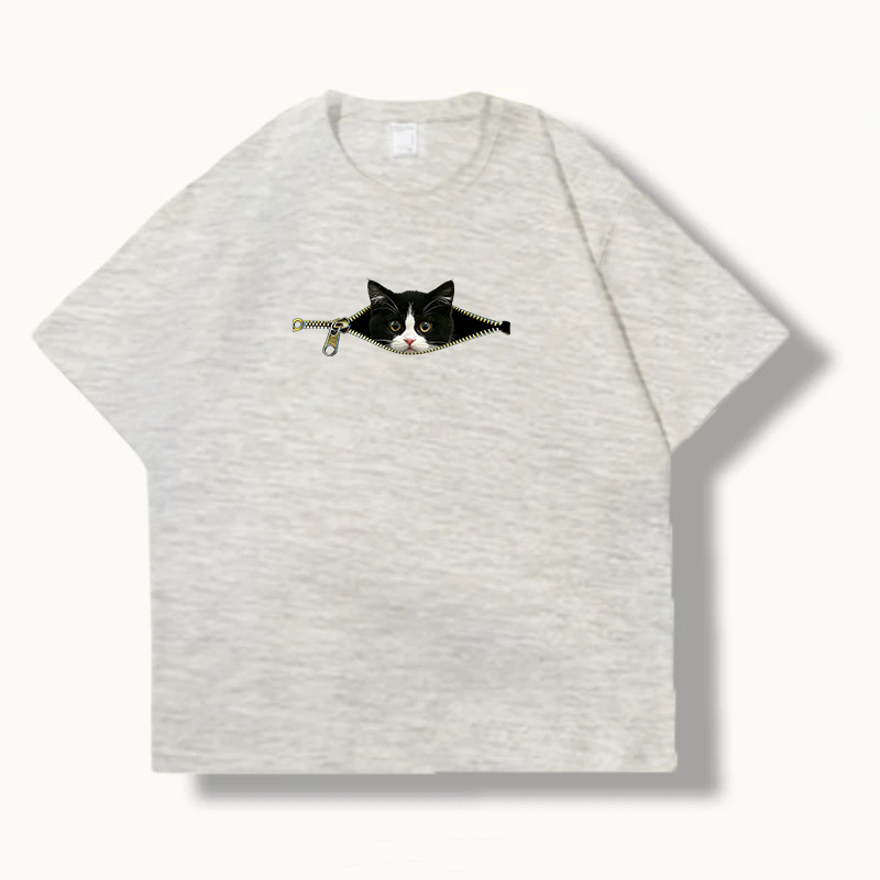 Zipper Cow and Cat Print Pure Cotton Short-Sleeve T-Shirt, Unisex New Style Japanese Casual Summer Couple T-Shirt