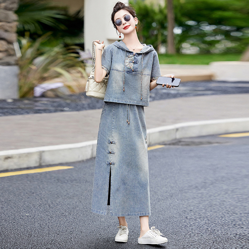 Thin Embroidered Denim Dress Women's Suit 2026 Summer New Style Slimming Two-Piece Set New Chinese Style Dress