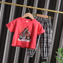 Boys summer suit 2021 new foreign style baby tide childrens clothing children handsome short sleeve sports lattice two-piece set