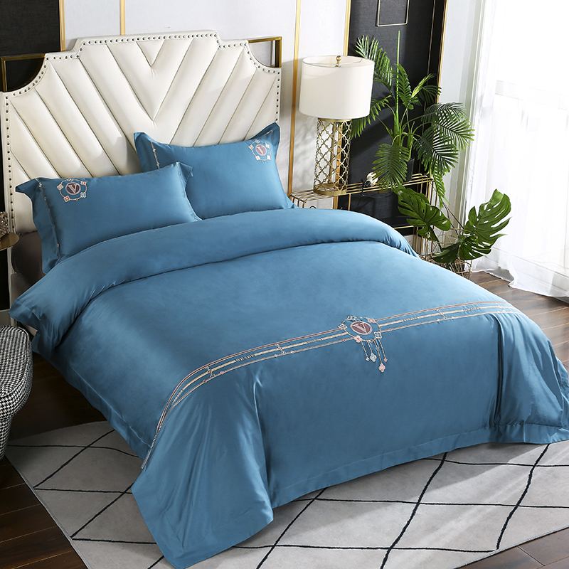 Text and English light luxury ins style 120-count long-staple cotton satin embroidery simple double bedding four-piece winter set - Taobao