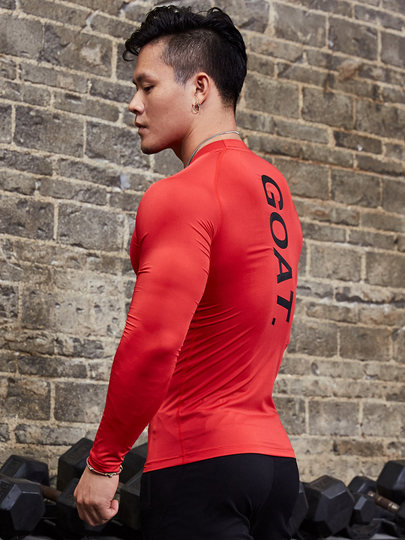 Black Letter Print Fitness Tights Men's Long-Sleeved High-Elastic Quick-Drying Training Clothes Base Layer Running Sports Tops Autumn and Winter