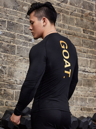 Black Letter Print Fitness Tights Men's Long-Sleeved High-Elastic Quick-Drying Training Clothes Base Layer Running Sports Tops Autumn and Winter