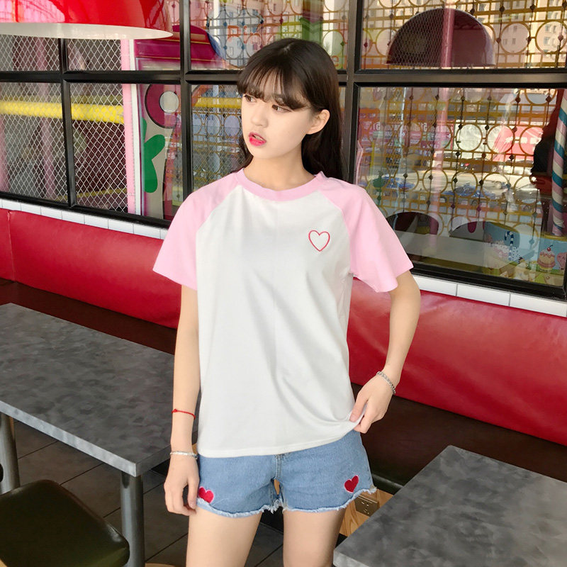 T恤女夏季短袖2018新款韩版潮学生宽松拼色体恤打底衫复古闺蜜装