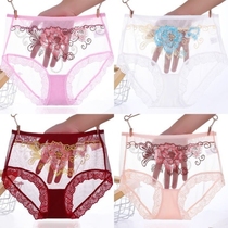 4-piece unscented underwear womens sexy lace embroidery transparent mesh mid-waist cotton file antibacterial triangle pants 2