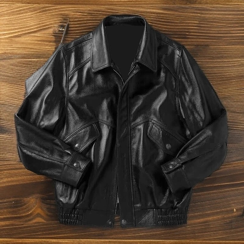 Loose-Fitting Hong Kong-Style Retro Genuine Leather Jacket Made of First-Layer Cowhide with Classic Lapel, Unisex