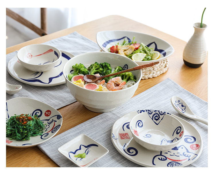 Sheri Nhật Bản phong cách vẽ tay hoạt hình mèo dễ thương gốm sứ bát cơm bát bát bát cá bát đĩa món ăn - Đồ ăn tối dĩa inox