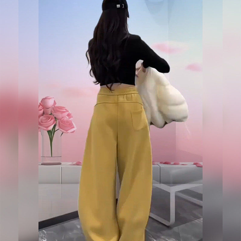 Yellow Fleece-Lined Sports Sweatpants for Women, Spring and Autumn 2026 New Trendy Hot-Selling Casual Cotton Wide-Leg Pants