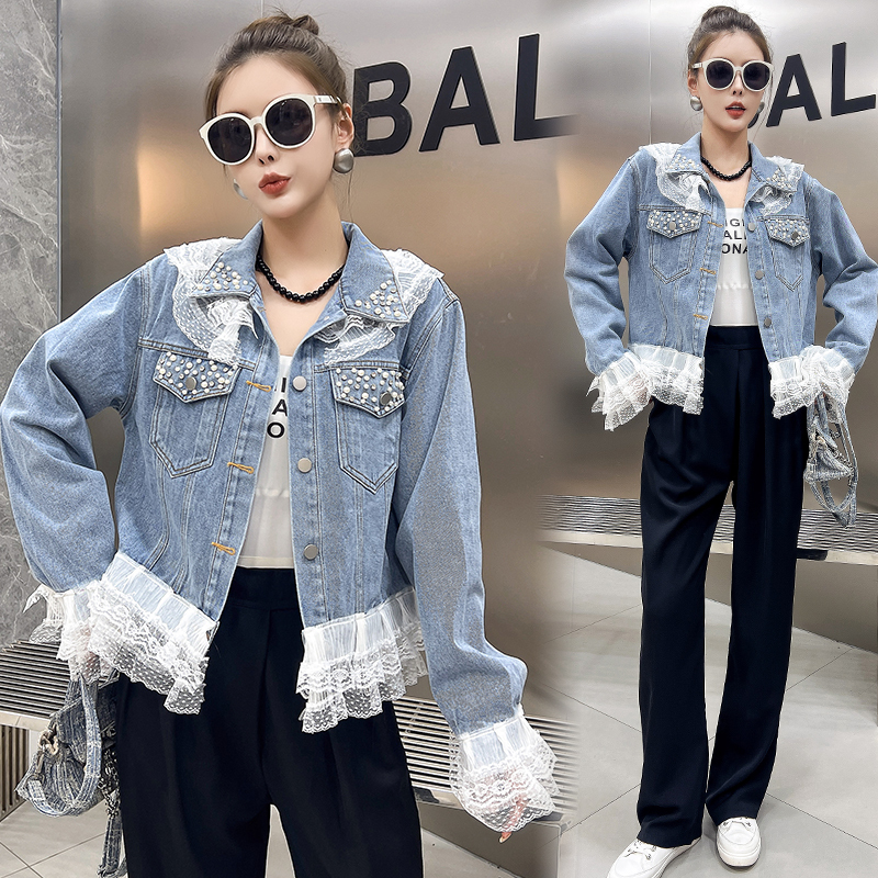 European-Style Heavy Beaded Denim Jacket for Women, Spring and Autumn 2026 New Design, Lace Trim Patchwork Jacket Top